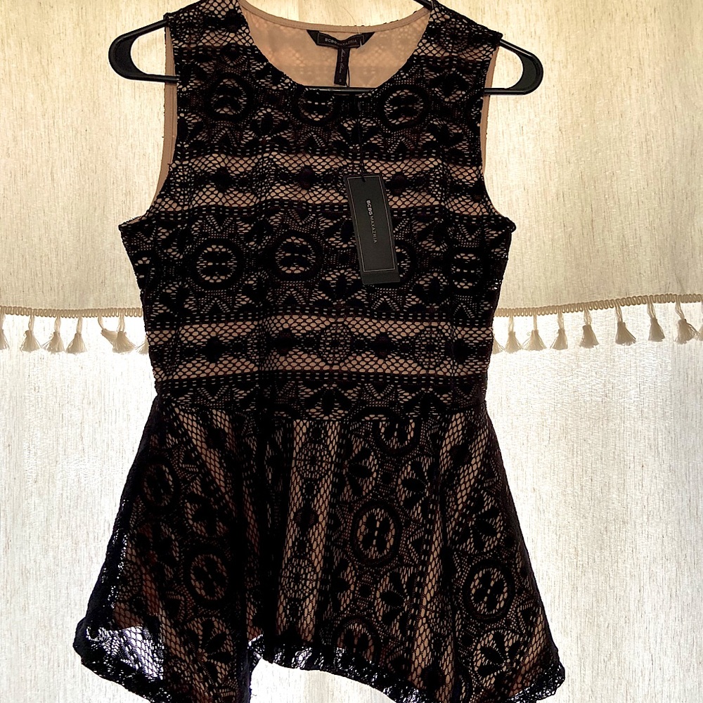BCBG Peplum Lace Tank Black